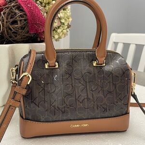 Calvin Klein Brown Logo Barrel Satchel Crossbody with Detachable Strap